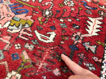 3’10”x10’10” Antique Hand-Knotted Wool Heriz Persian Runner 3x10 Handmade Red Rug