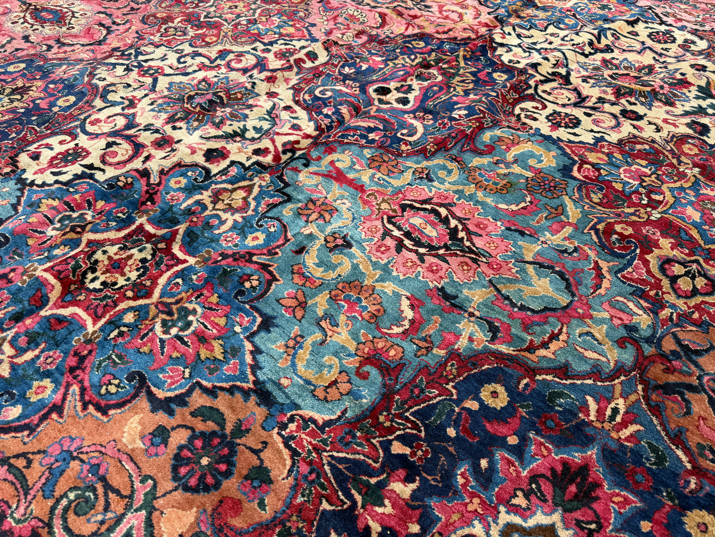 13’6”x21’10” Antique Hand-Knotted Very Fine Wool Persian Kerman Area Rug
