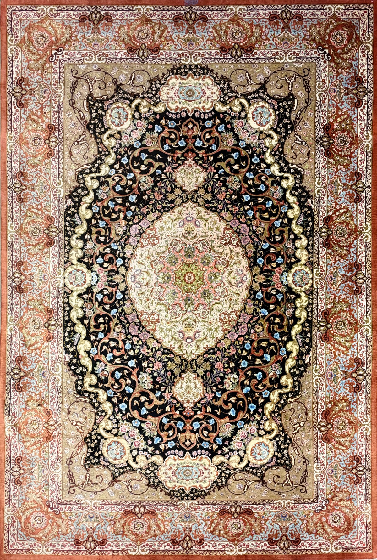 Luxurious 100% silk Persian Qum rug, 6′6″x9′6″, hand-knotted, floral motif, signed Abbaspour.