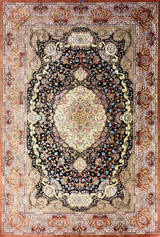 Luxurious 100% silk Persian Qum rug, 6′6″x9′6″, hand-knotted, floral motif, signed Abbaspour.