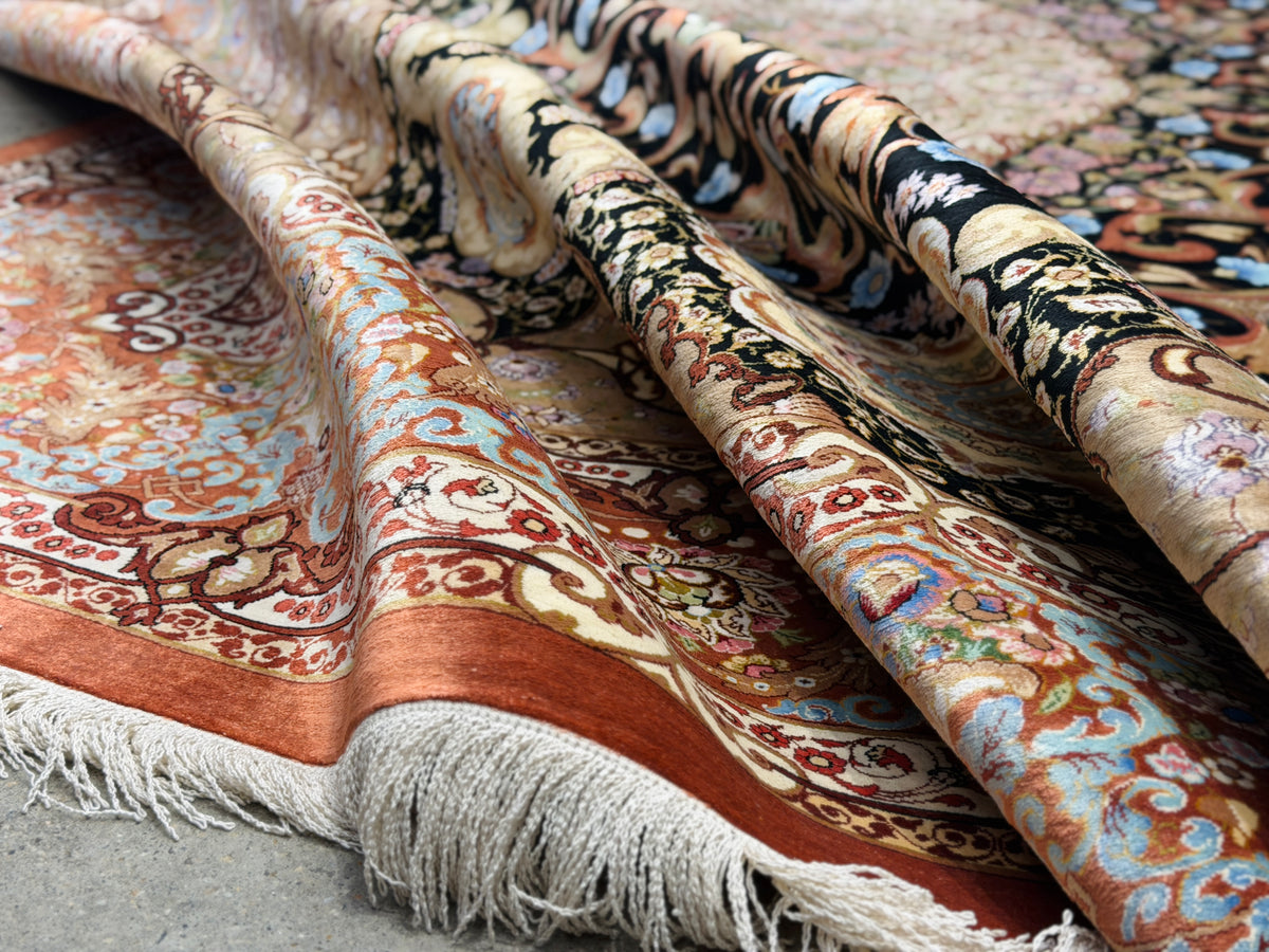 Luxurious Hand-Knotted 100% Silk Persian Qum Rug - Signed Abbaspour - 6'6"x9'6"