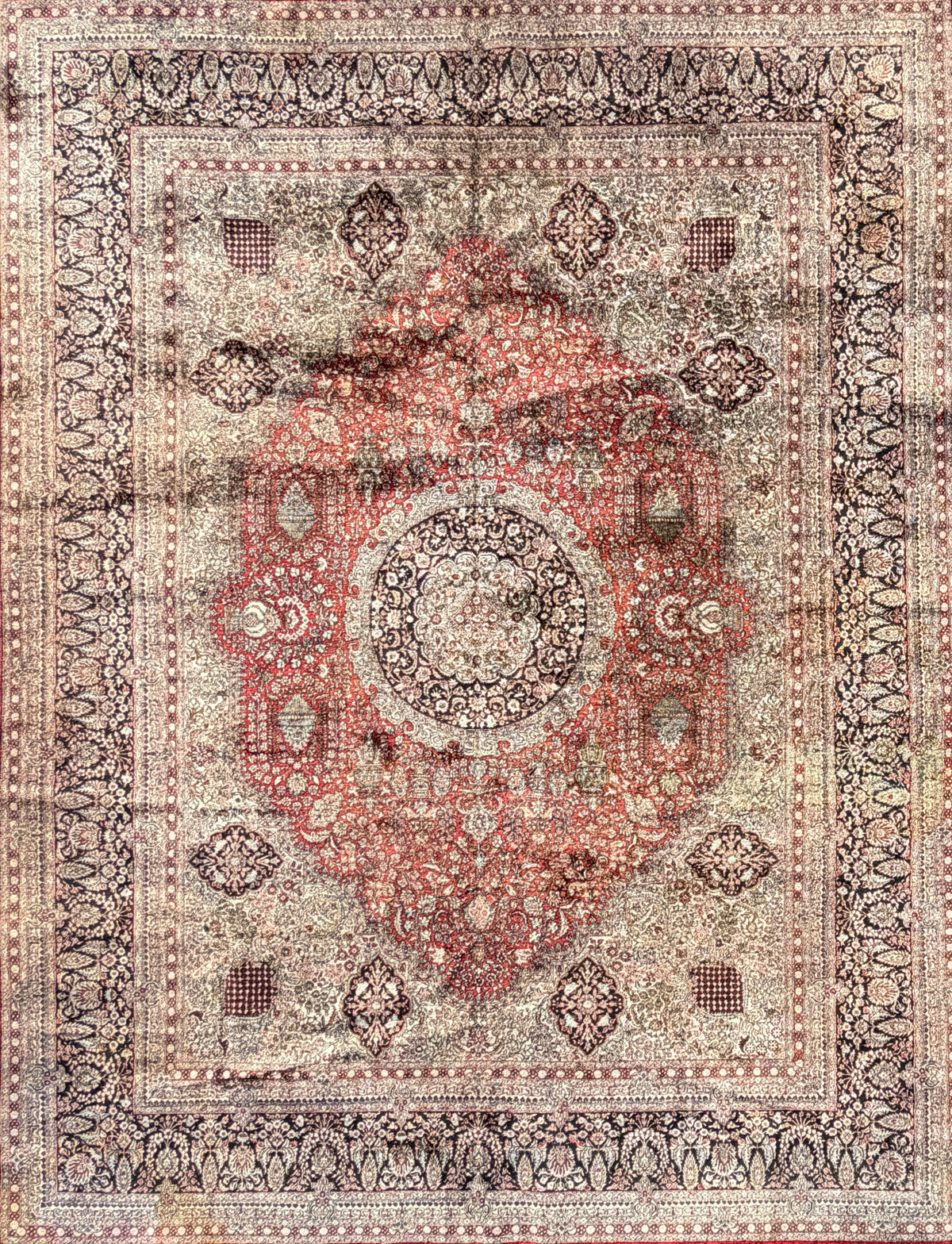 Antique Hand-Knotted 100% Kashmiri Silk Rug - 9’4”x12’