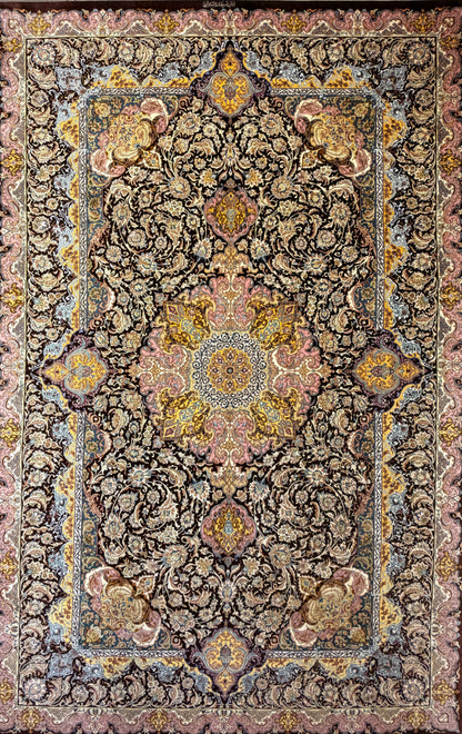 Luxurious 100% silk Persian Qum rug, 6′9″x10′2″, signed Shirazi, with gold, blue, pink & beige patterns.