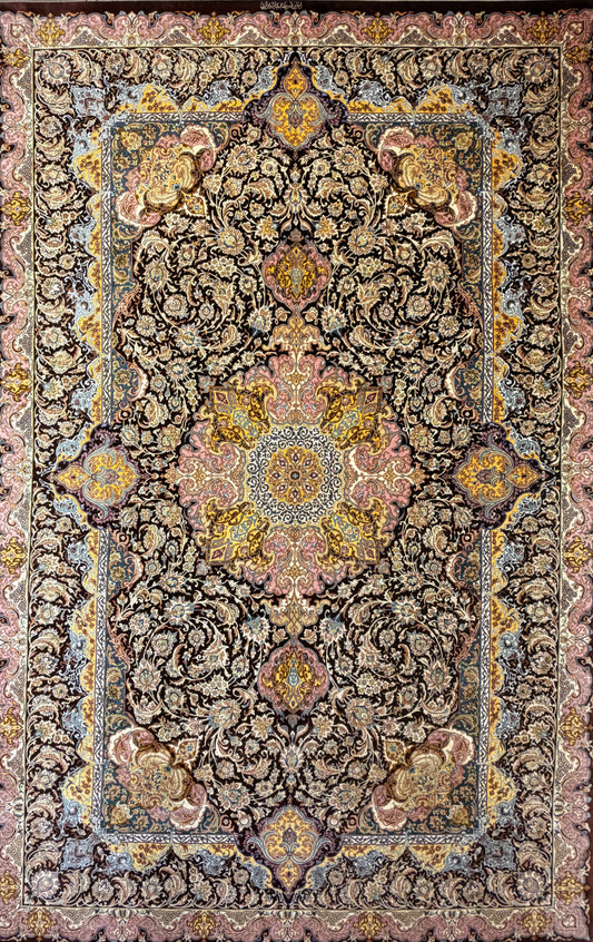 Luxurious 100% silk Persian Qum rug, 6′9″x10′2″, signed Shirazi, with gold, blue, pink & beige patterns.
