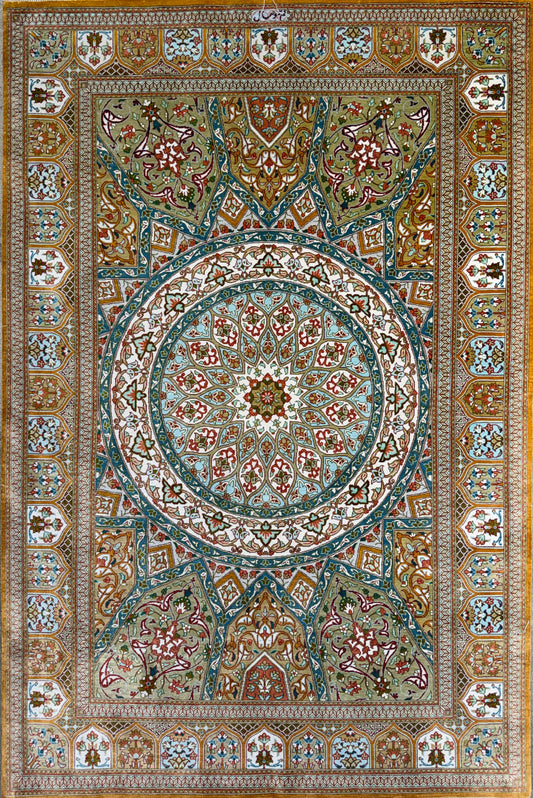 Hand-Knotted Silk Persian Qum Rug - Signed Vesal - 3’3”x4’11”
