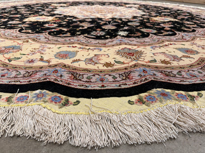 10’ Diameter Very Fine Hand-Knotted Wool & Silk Round Tabriz Persian Rug - 10x10 Handmade Carpet