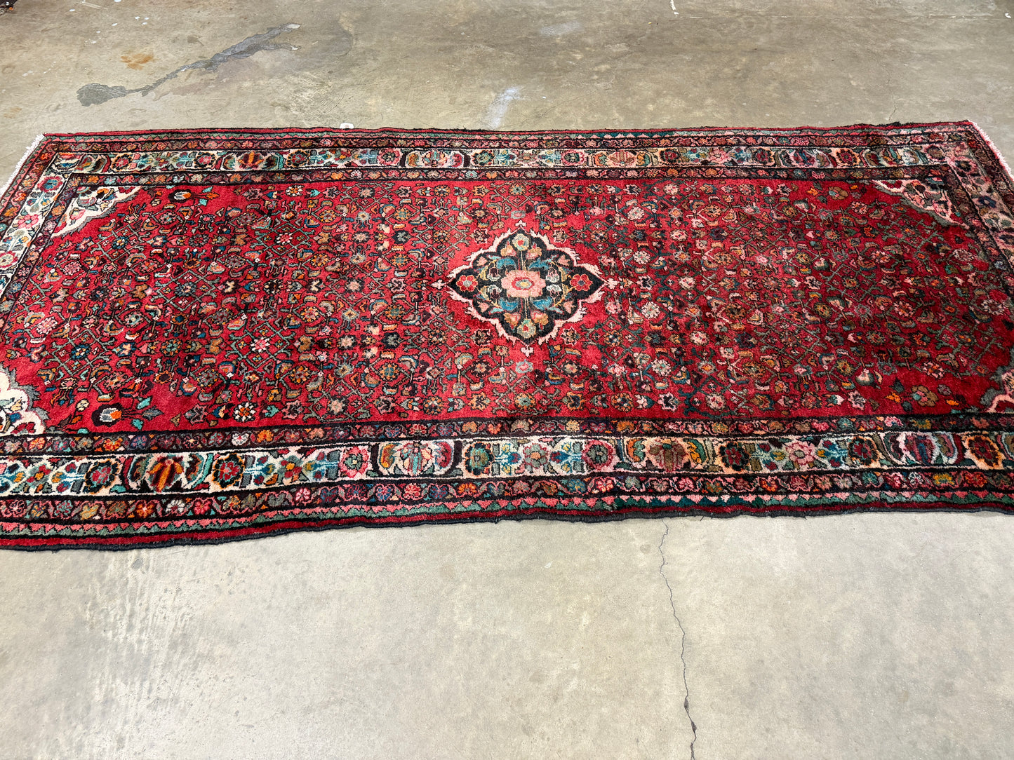 4’10”x10’3” Vintage Hand-Knotted Wool Hamadan Persian Rug 4x10 Red Handmade Tribal Carpet