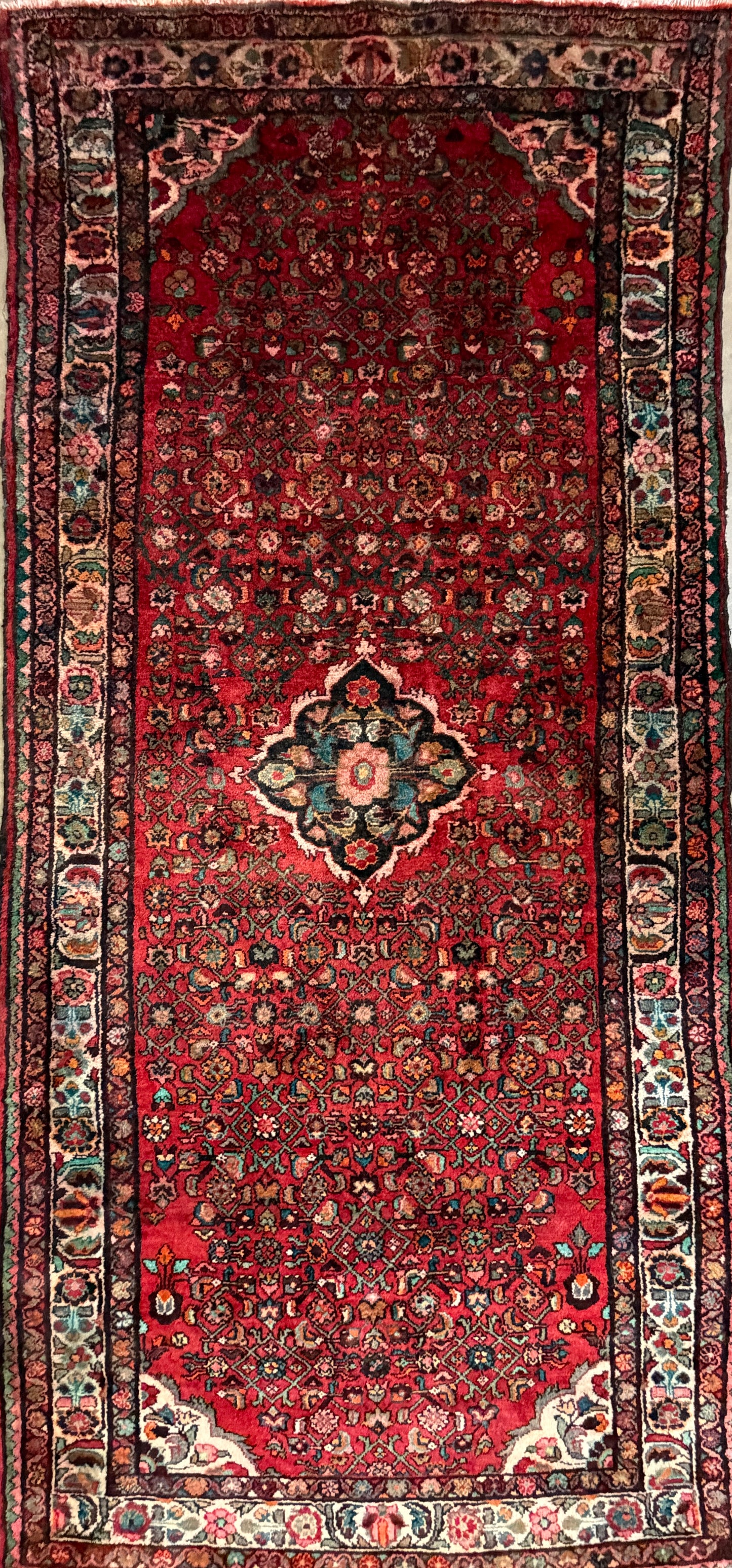 4’10”x10’3” Vintage Hand-Knotted Wool Hamadan Persian Rug 4x10 Red Handmade Tribal Carpet