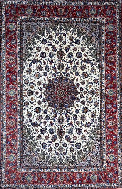 Hand-Knotted Persian Isfahan Rug, Qorbani signed, 6′9″x10′3″, floral medallion, cream/red/blue/gold border.