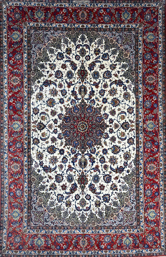 Hand-Knotted Persian Isfahan Rug, Qorbani signed, 6′9″x10′3″, floral medallion, cream/red/blue/gold border.