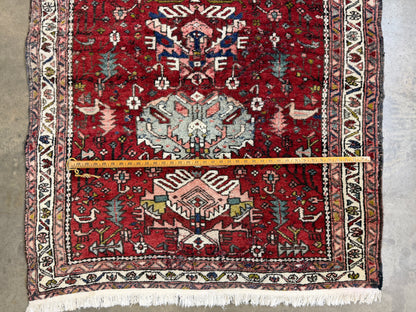 3’10”x10’10” Antique Hand-Knotted Wool Heriz Persian Runner 3x10 Handmade Red Rug
