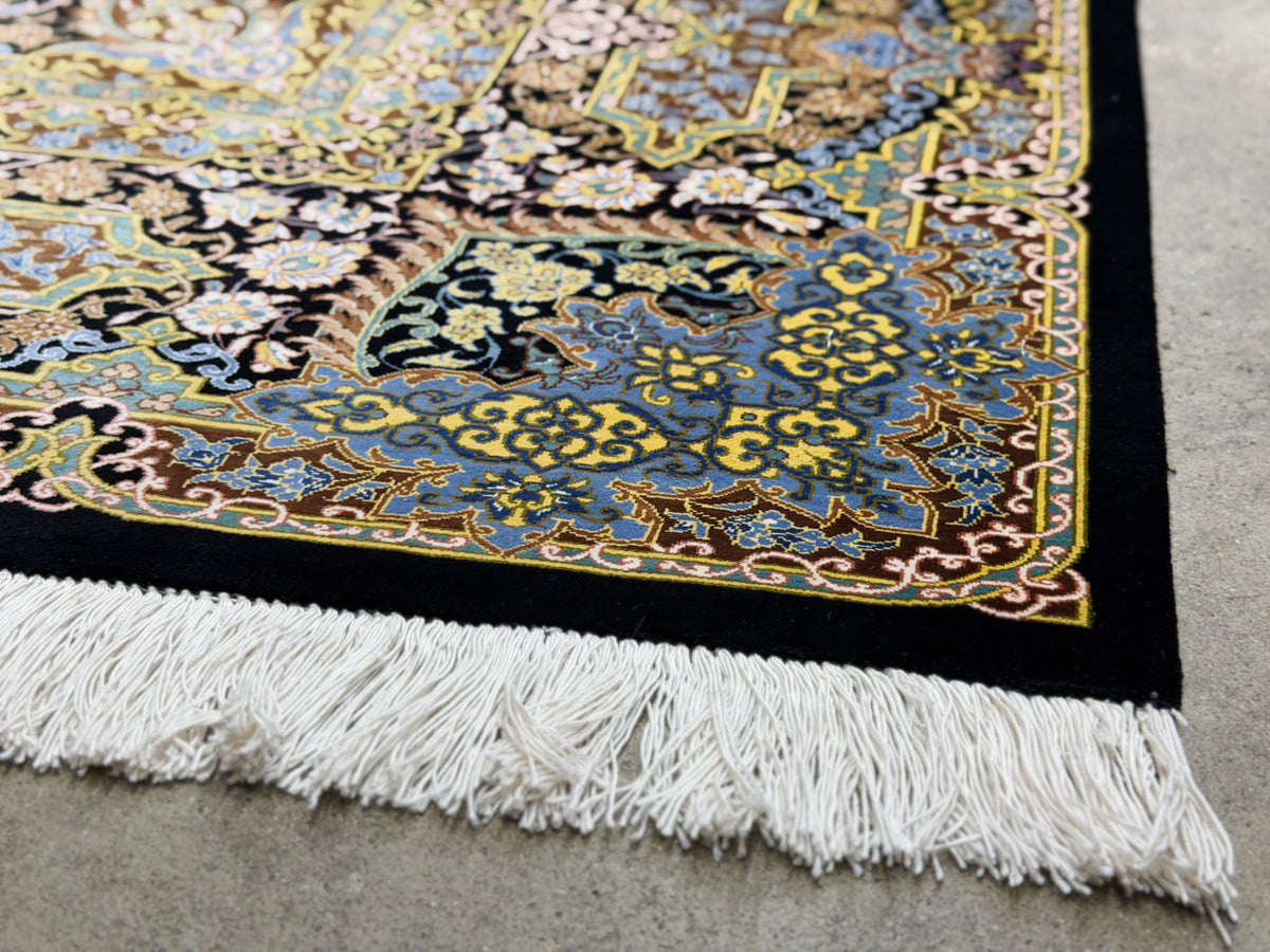 Luxurious Hand-Knotted 100% Silk Persian Qum Rug - Signed Ahmadi - 6'5"x9'10"