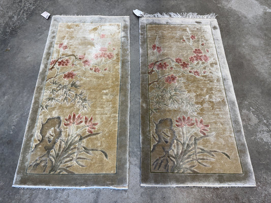 Pair of Antique Hand-Knotted 100% Silk Art Deco Rugs - 2’x4’