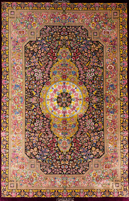 Hand-Knotted Silk Persian Qum Rug - Signed Moghaddammanesh - 3’4”x5’