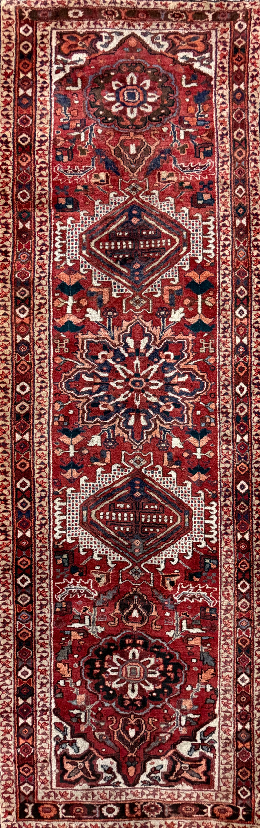 2’6”x10’6” Antique Hand-Knotted Wool Heriz Persian Runner 2x10 Handmade Red Rug