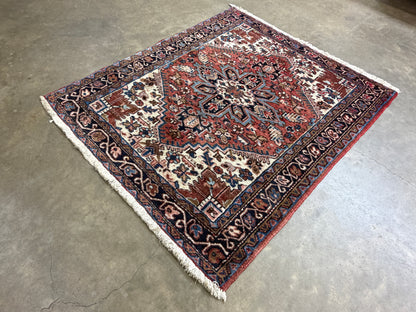 4’3”x4’10” Hand-Knotted Wool Heriz Persian Rug 4x5 Red Handmade Carpet