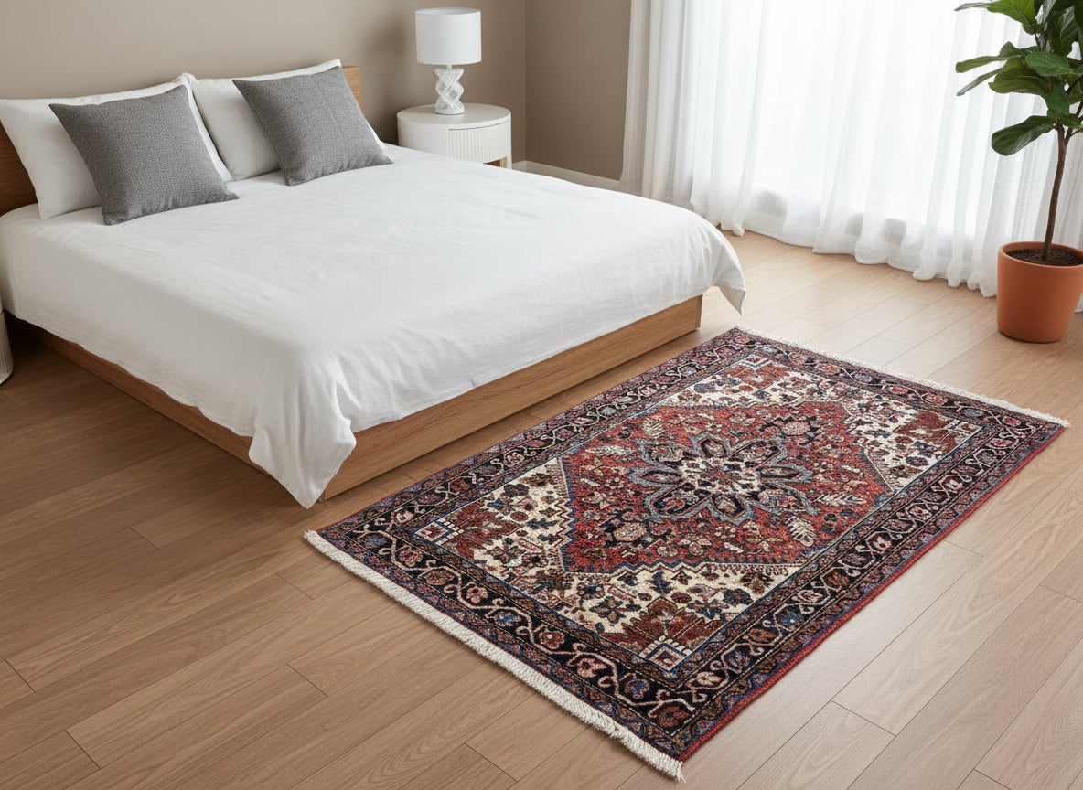 4’3”x4’10” Hand-Knotted Wool Heriz Persian Rug 4x5 Red Handmade Carpet