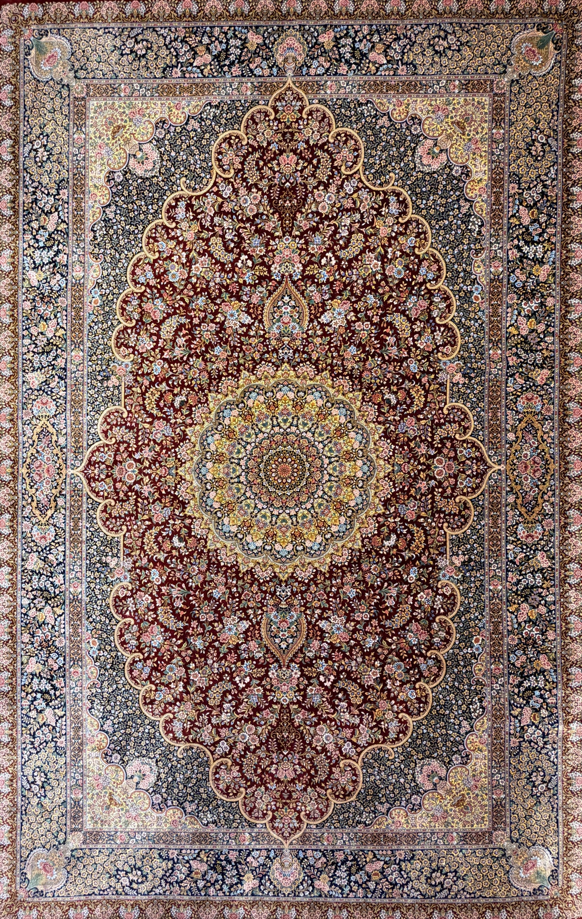 (On Hold for LH) Luxurious Hand-Knotted 100% Silk Persian Qum Rug - Signed Naimi - 6'5"x9'10"