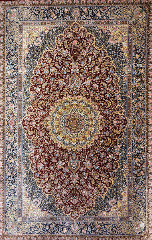 (On Hold for LH) Luxurious Hand-Knotted 100% Silk Persian Qum Rug - Signed Naimi - 6'5"x9'10"