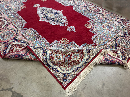 9x14 Vintage Hand-Knotted Wool Kerman Persian Rug Red Handmade Carpet