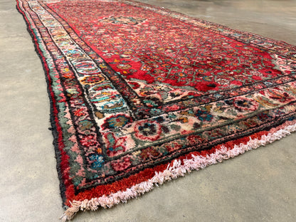 4’10”x10’3” Vintage Hand-Knotted Wool Hamadan Persian Rug 4x10 Red Handmade Tribal Carpet