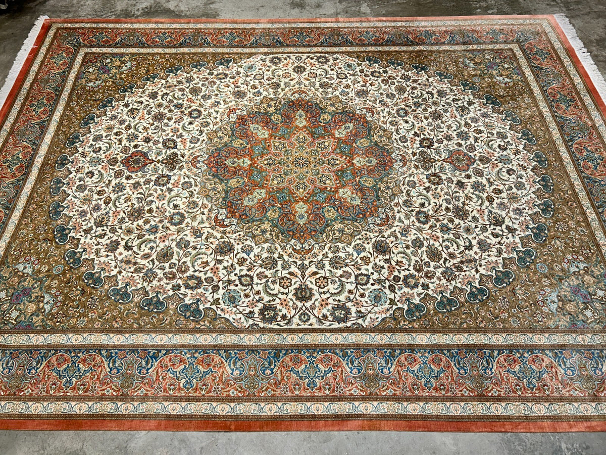 9'10"x13' Exquisite Signed Hand-Knotted 100% Silk Qume Rug