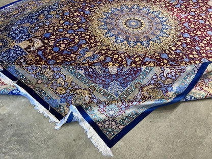 9'7"x12'10" Exquisite Signed Hand-Knotted 100% Silk Qume Rug