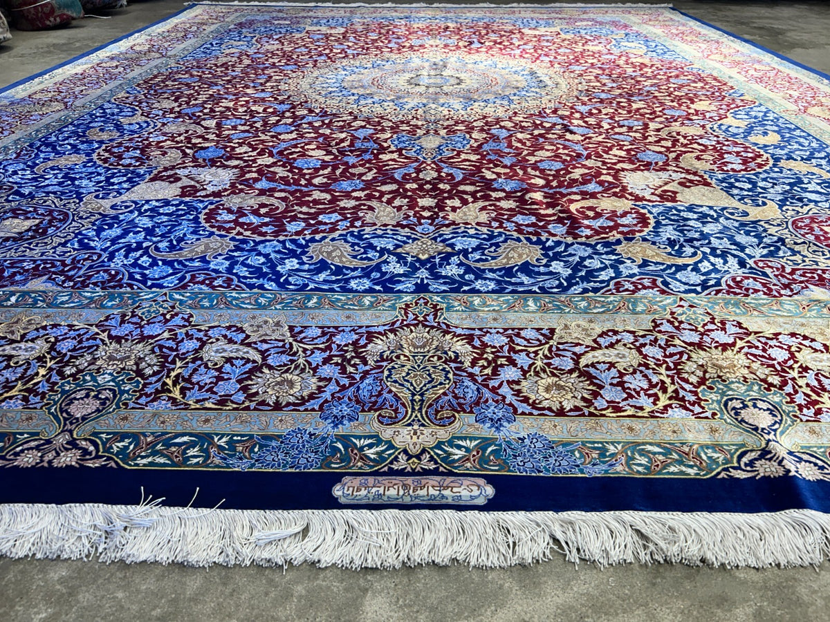9'7"x12'10" Exquisite Signed Hand-Knotted 100% Silk Qume Rug
