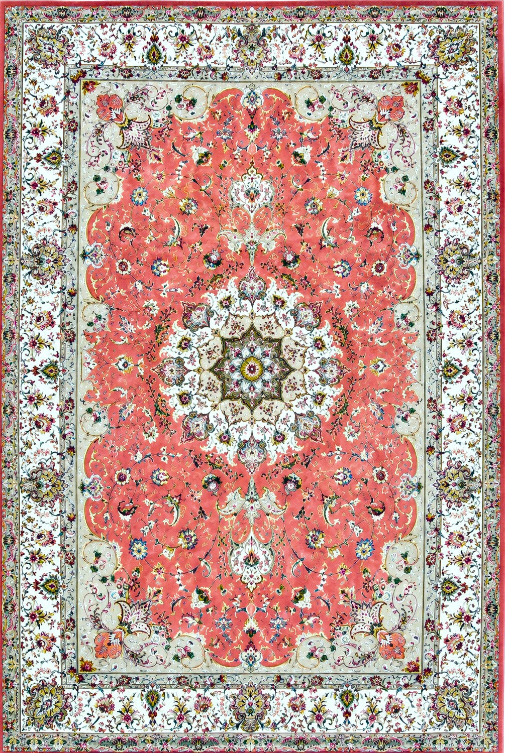 A traditional Persian-style area rug with a coral red central field, cream and white floral borders, and intricate multicolor detailing throughout.