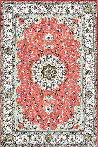A traditional Persian-style area rug with a coral red central field, cream and white floral borders, and intricate multicolor detailing throughout.