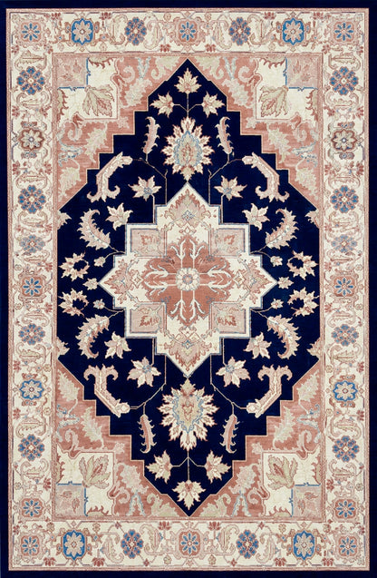 A traditional oriental-style area rug with a dark navy blue central field, cream and beige floral motifs, and a dusty pink border.