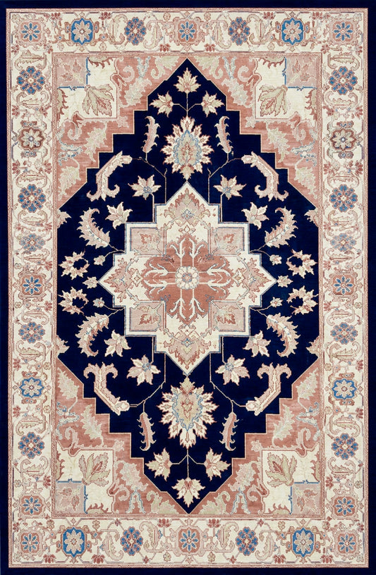 A traditional oriental-style area rug with a dark navy blue central field, cream and beige floral motifs, and a dusty pink border.
