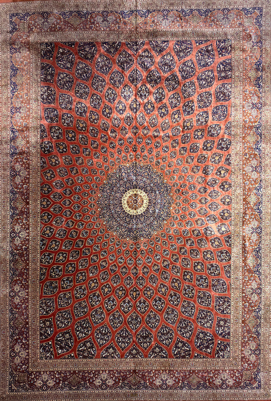 Hand-Knotted 100% Silk Persian Qum Rug - Signed Mohammadi - Dome Design - 11’3”x16’5”