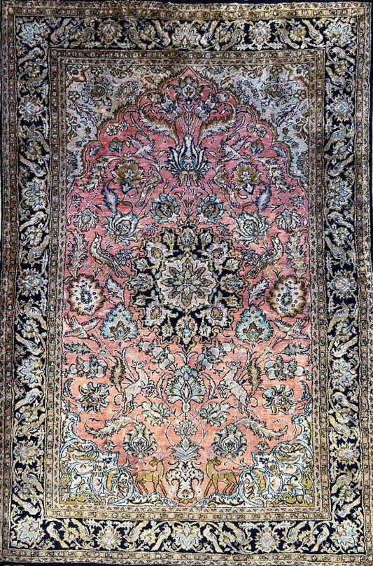 Luxurious Hand-Knotted 100% Silk Pictorial Persian Qum Rug - 3’4”x5’1”