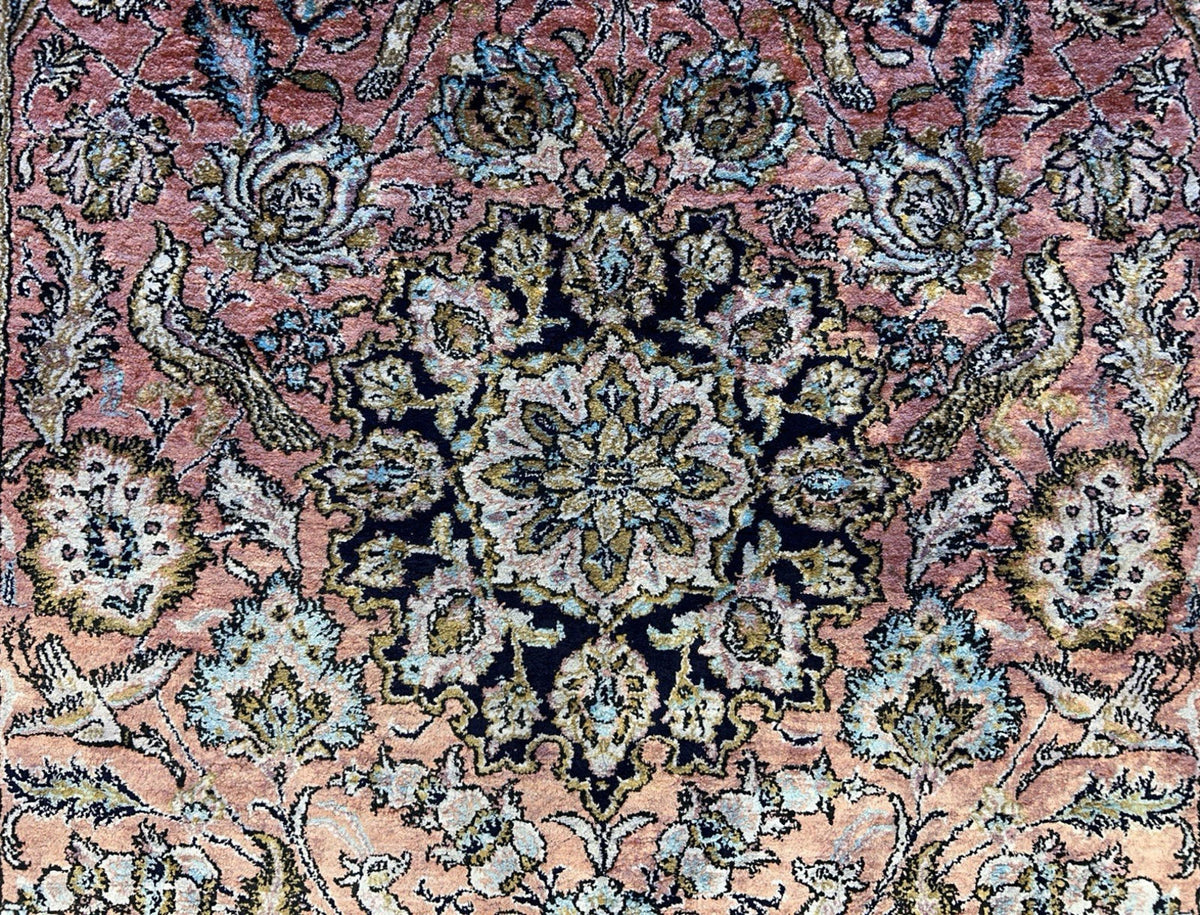 Luxurious Hand-Knotted 100% Silk Pictorial Persian Qum Rug - 3’4”x5’1”