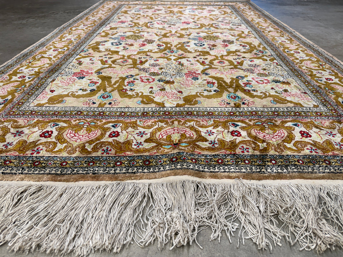 Hand-Knotted Silk Persian Qum Rug - 4’6”x7’2”
