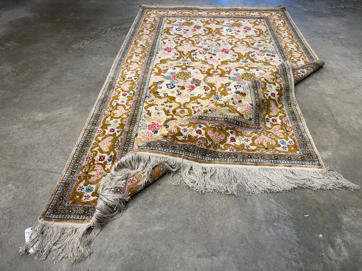 Hand-Knotted Silk Persian Qum Rug - 4’6”x7’2”