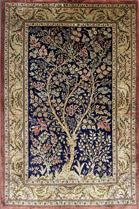 3'3"x4'11" Exquisite Extra-Fine Hand-Knotted 100% Silk Tree of Life Persian Qum Rug
