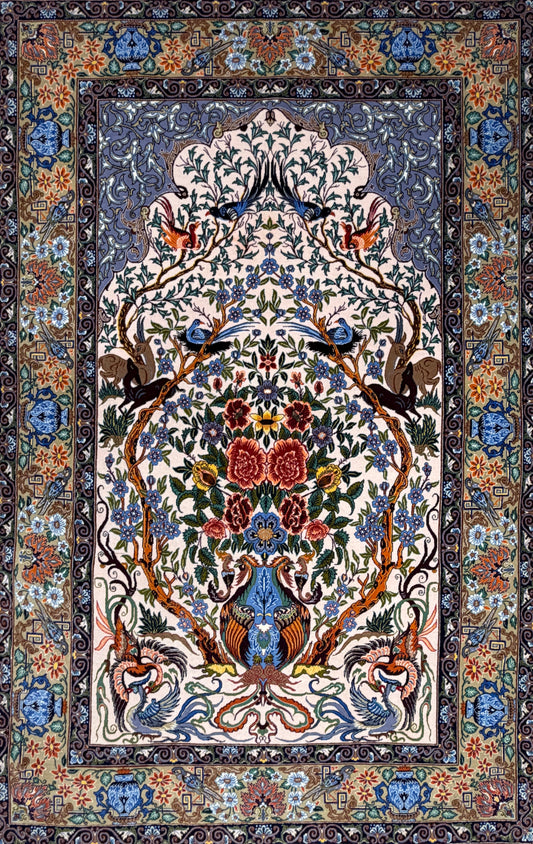 Hand-Knotted Persian Isfahan Rug -Garden of Birds- Signed Emadi - 3’7”x5’9”