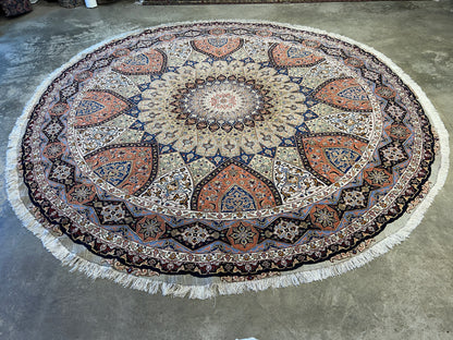 10’ Diameter Very Fine Hand-Knotted Wool & Silk Round Tabriz Persian Rug - Dome Design