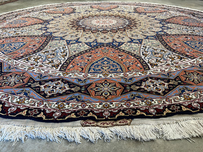 10’ Diameter Very Fine Hand-Knotted Wool & Silk Round Tabriz Persian Rug - Dome Design