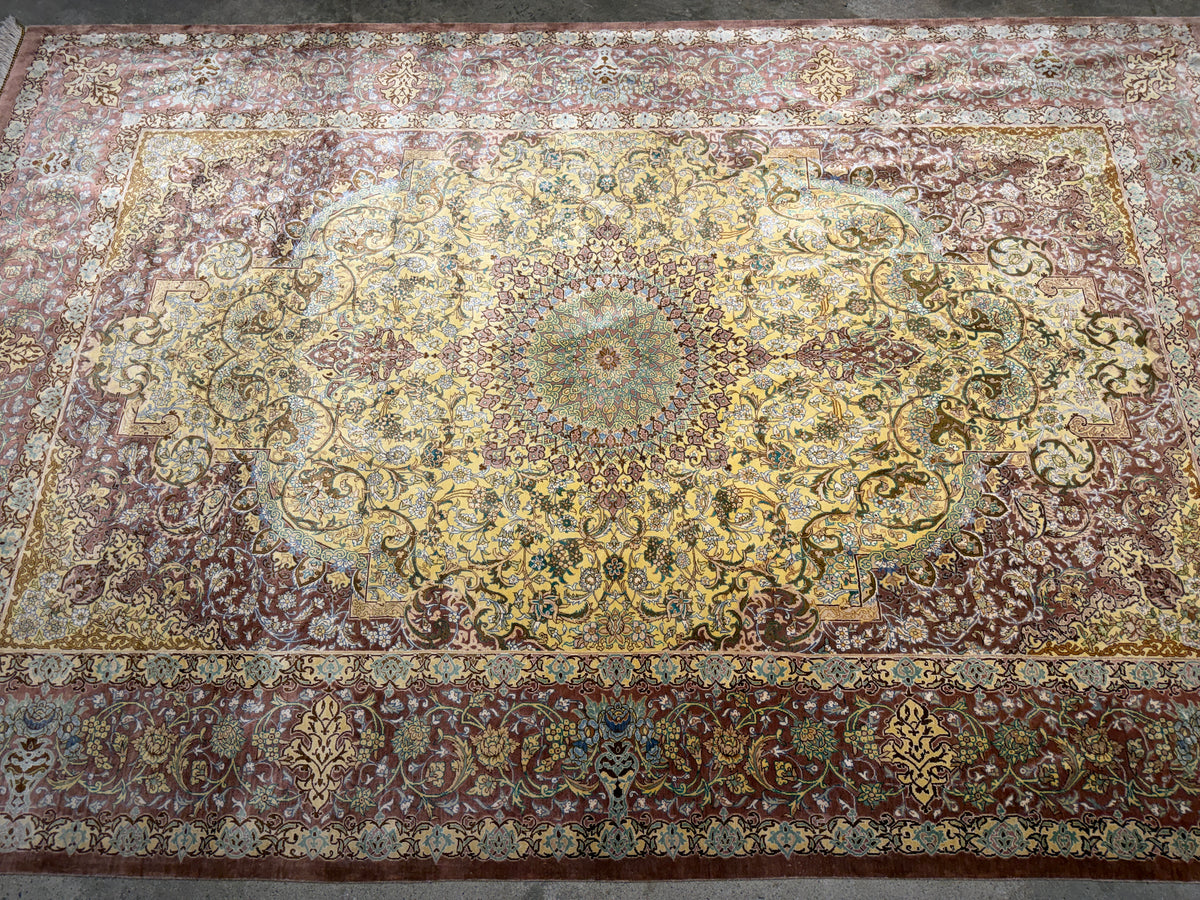 Luxurious Hand-Knotted Silk Persian Qum Rug - Signed Ahadi - 4’6”x6’10”