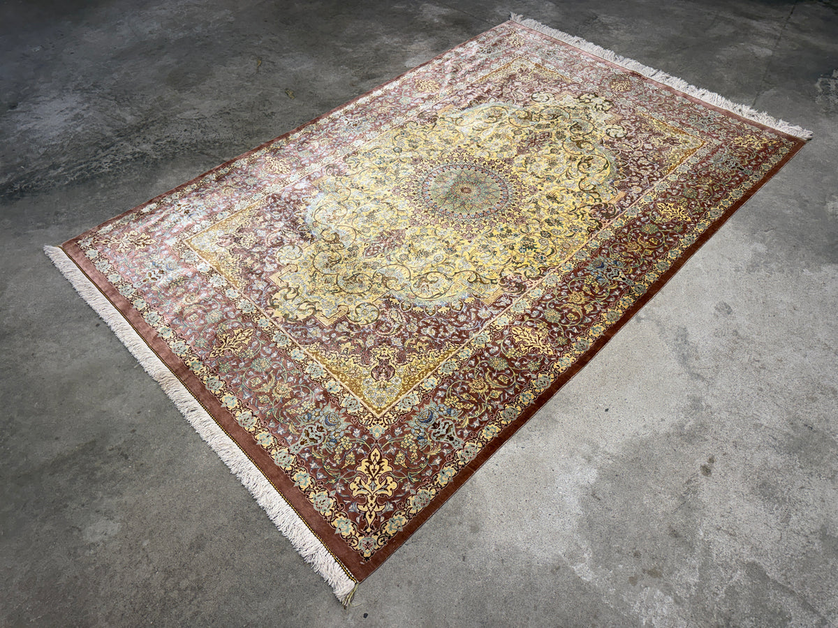 Luxurious Hand-Knotted Silk Persian Qum Rug - Signed Ahadi - 4’6”x6’10”