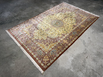 Luxurious Hand-Knotted Silk Persian Qum Rug - Signed Ahadi - 4’6”x6’10”