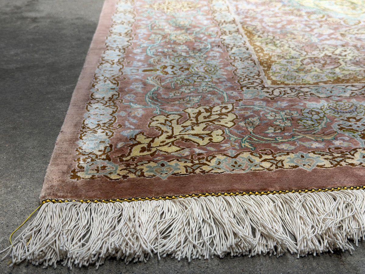 Luxurious Hand-Knotted Silk Persian Qum Rug - Signed Ahadi - 4’6”x6’10”