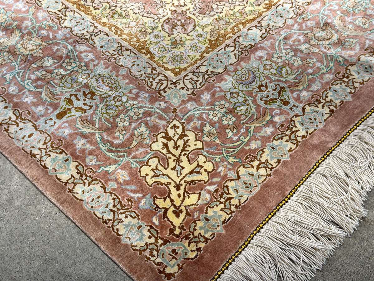 Luxurious Hand-Knotted Silk Persian Qum Rug - Signed Ahadi - 4’6”x6’10”