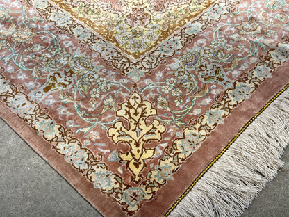 Luxurious Hand-Knotted Silk Persian Qum Rug - Signed Ahadi - 4’6”x6’10”