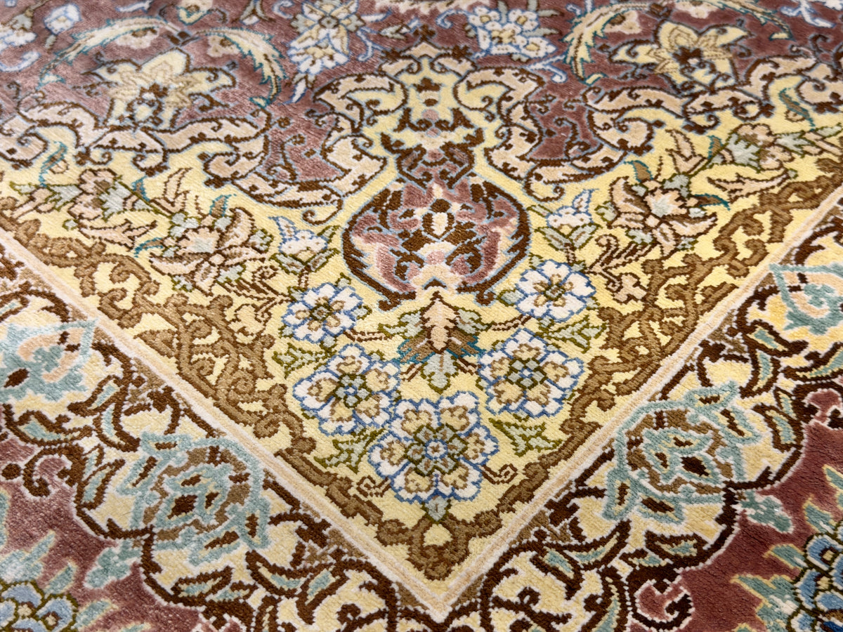 Luxurious Hand-Knotted Silk Persian Qum Rug - Signed Ahadi - 4’6”x6’10”