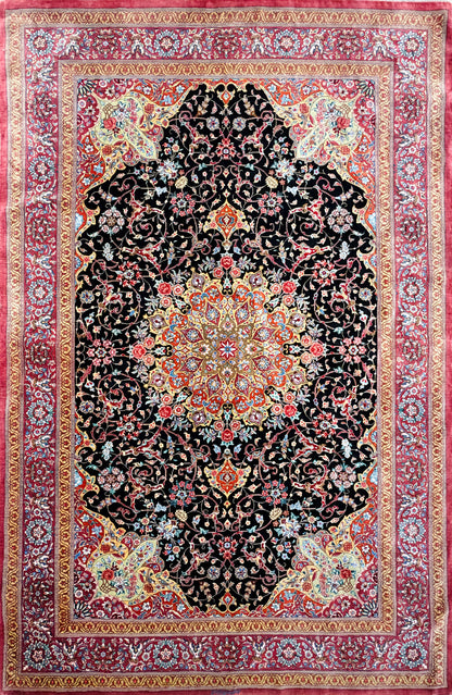 Luxurious Hand-Knotted Silk Persian Qum Rug - Signed Naimi - 4’2”x6’5”