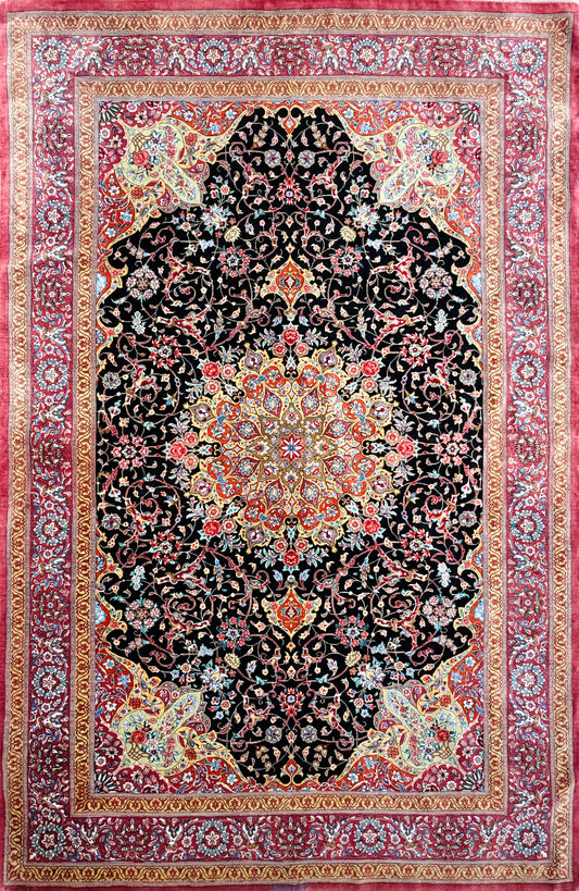 Luxurious Hand-Knotted Silk Persian Qum Rug - Signed Naimi - 4’2”x6’5”